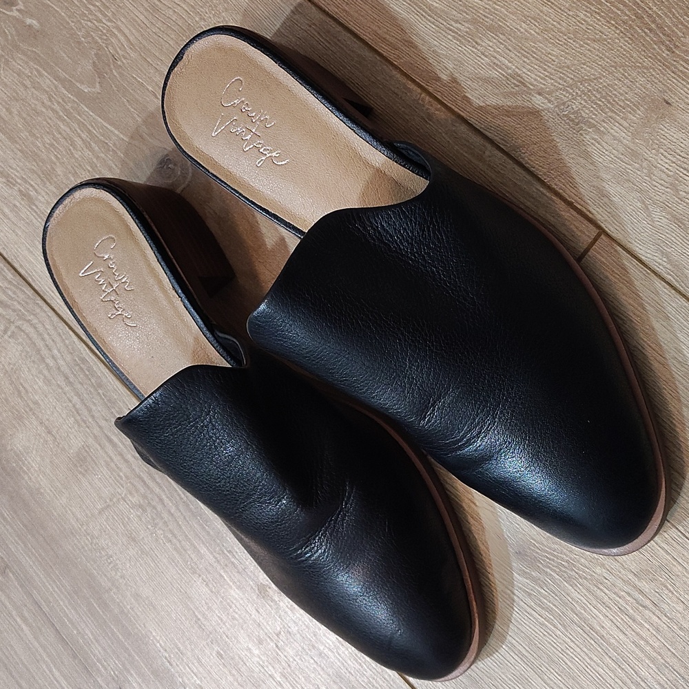 Black Leather Slip-On Mules,  Crown Vintage Rydel Black Leather Slip on Low Heel - Picture 12 of 12